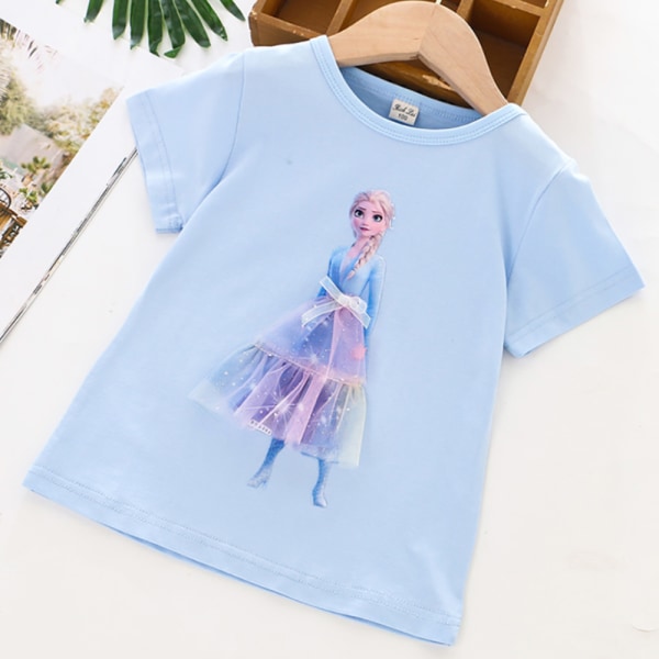 Girl Shirt 3D Frozen Shirt Elsa Princess Shirts Top Bomull Light Blue 130cm