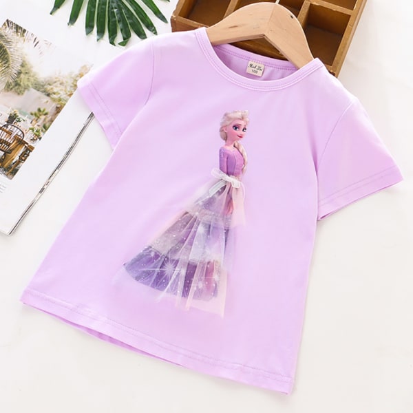 Girl Shirt 3D Frozen Shirt Elsa Princess Shirts Top Bomull Purple 110cm