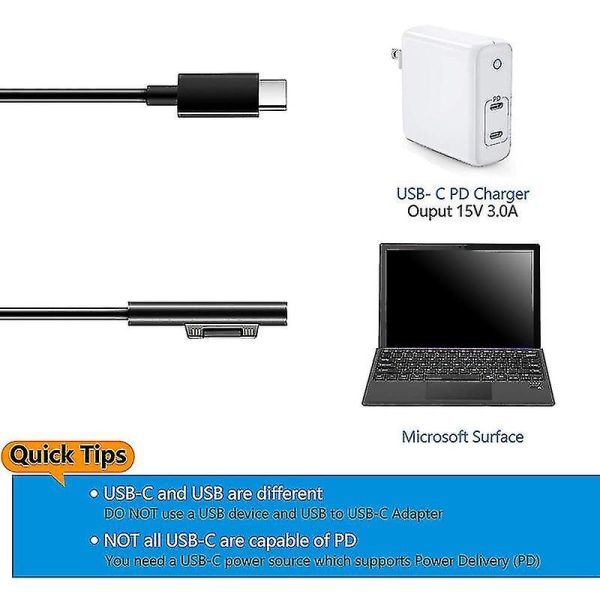 Surface to USB C-laddningskabel för Surface Pro 3/4/5/6/7 Surface Laptop 3/2/1 Surface Go（svart）