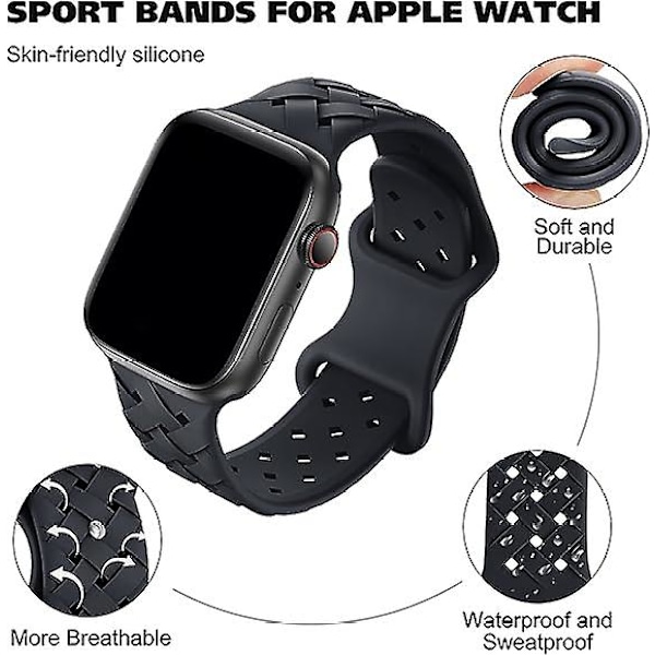 Silikonflettede Remme Kompatibel med Apple Watch 42mm 44mm 45mm 49mm, Udskiftning Silikon Sport Åndbar Rem til Kvinder Mænd - Midnat