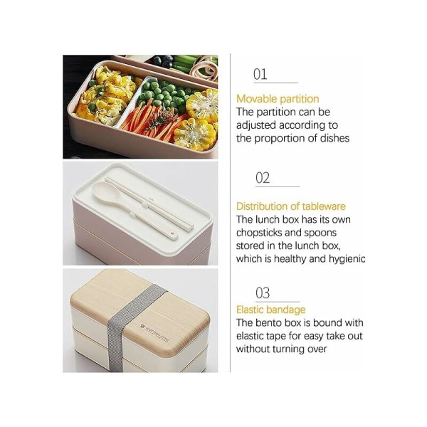 MINKUROW Lunchbox, Lunchbox med 2-lagers bestick, japansk Bento för barn eller vuxna, för skolan eller arbete med ätpinnar Sked (rosa)