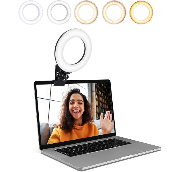 Videokonferensbelysningskit, ringljusklämma på bärbar datorskärm med 5 dimbara färger och 5 ljusstyrka för webbkamerabelysning/zoombelysning/fjärrkontroll W