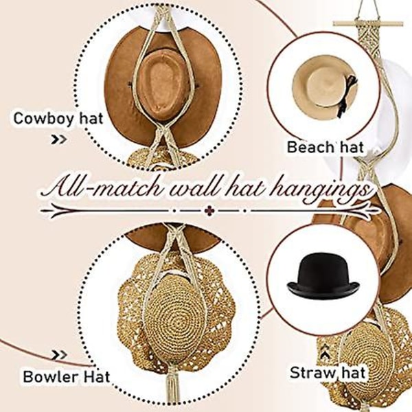 (beige, tre hattar stil)makrame Hatthängare Hatthållare för vägg Bohemiska kvinnor Hatthylla Organizer för vägghängande hatthylla Dekorativ cap