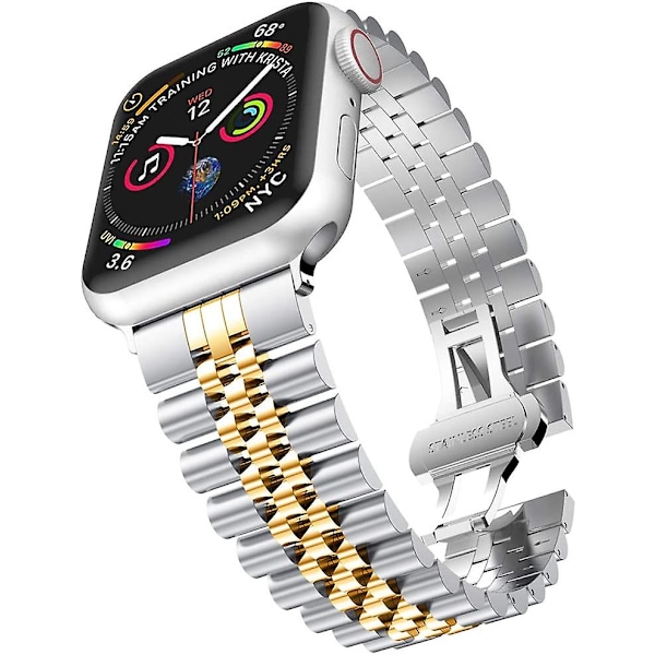 Yhteensopiva Apple Watch -rannekkeen kanssa 41 mm 40 mm 38 mm, iWatch Se & Series 7 6 5 4 3 Ruostumattomasta teräksestä valmistettu ranneke perhoslukkojen kanssa naisille, hopea/kulta