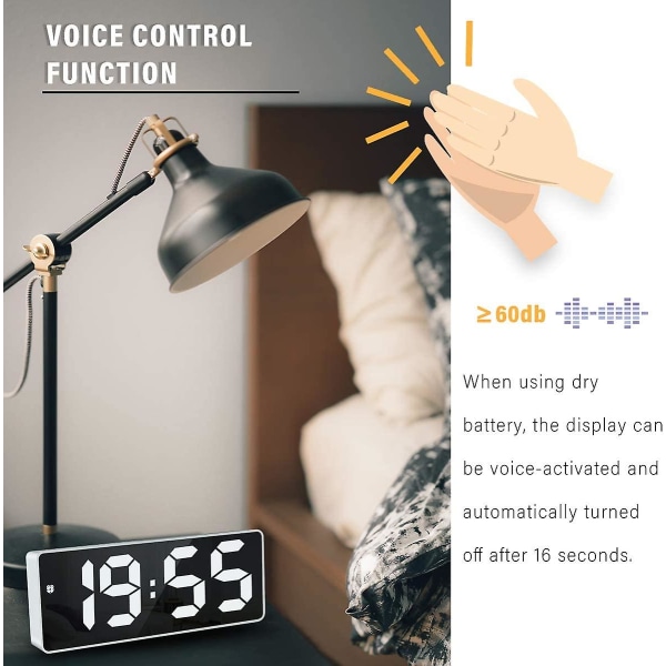 Digital väckarklocka, 6,7" LED-spegel Digital klocka vid sängen Väckarklocka morgon, röstaktiverad/icke tickande/snooze/temperatur/datumtid Justerbar Bri
