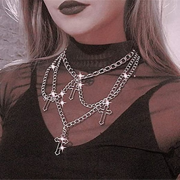 Goth Kors Choker Halsband för Kvinnor Tonårsflickor Gothic Lager Chunky Hänge Halsband Egirl Silverpläterad Lång Flerskiktskedjor 40 Tum