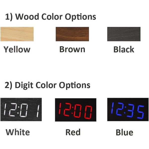 Trä digital klocka - Multifunktions LED-väckarklocka med tid/datum/temperaturdisplay och röststyrning för hemresor (svart_vit)