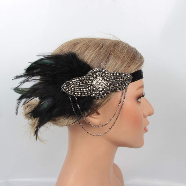 Vintage Flapper Pannband från 1920-talet Great Gatsby 20-talet Showgirl Roaring Peacock Headpiece Svart