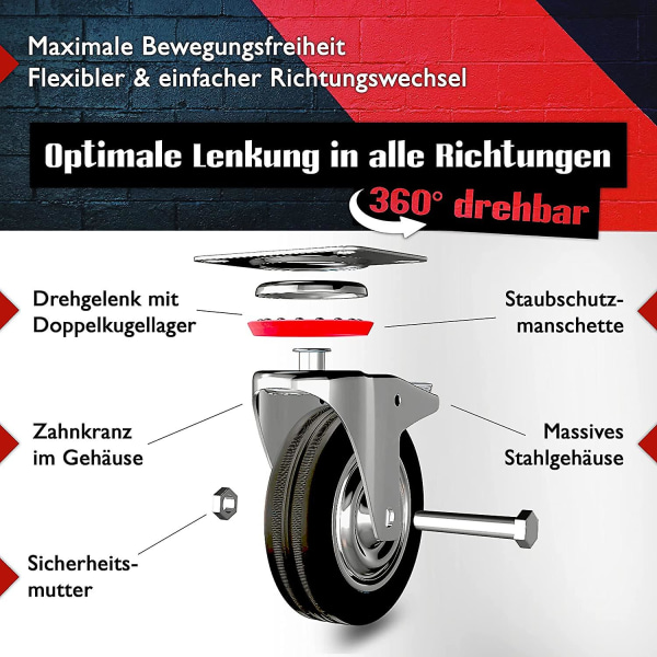Kraftiga hjul, transporthjul, set av länkhjul med broms, 75 mm hjul, kan roteras 360, svarta, industrihjul för arbetsbänk, verktygstro