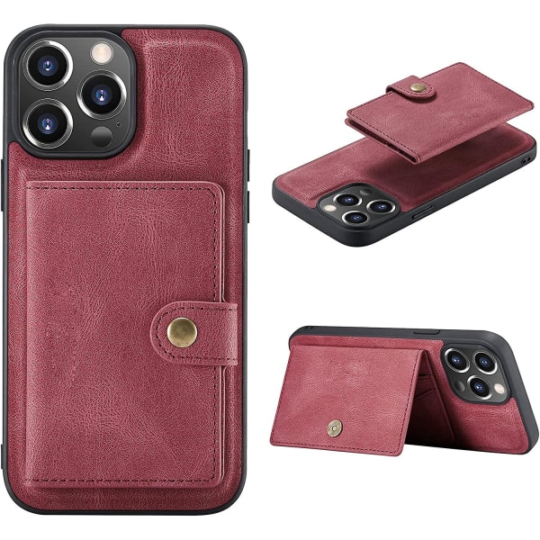 Pu Läder Plånbok Phone case För Iphone 14 Pro Max Case 6,7 tum med korthållare, löstagbar 2 i 1 delad magnetkortfodral Skal Cover (röd)