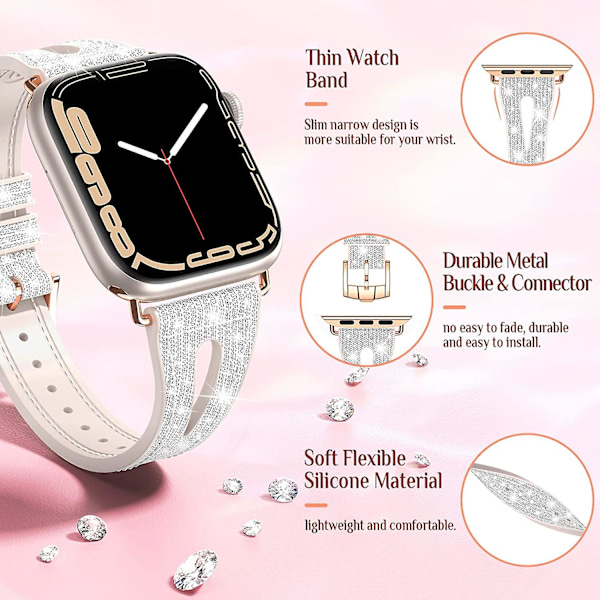 Bling Tynn Rem for Apple Watch Band 41mm 40mm 38mm Serie 7 Se 6 5 4 3 2 1, Kvinner Silikon Glitter Rem Tilbehør Kompatibel Med Iwatch Alle Serie