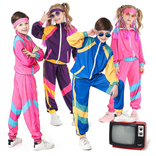 Barn Gutter Jenter 80-tallet 90-tallet Retro treningsdrakt 1980-talls Skalldress Motefest Disco Halloween Fancy Dress-antrekk (S 110 cm-125 cm, blå)