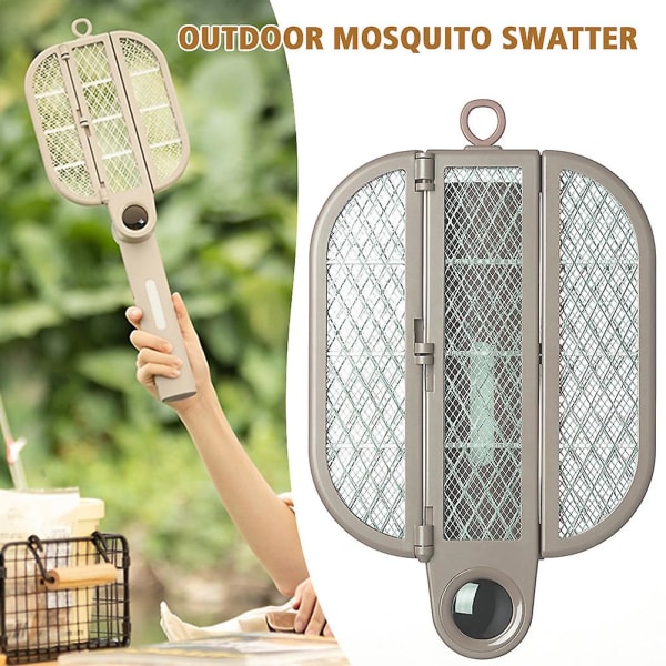 2-i-1 hopfällbara elektriska myggor Swatter Uppladdningsbara insekter Zappers för vardagsrummet sovrum (brun)