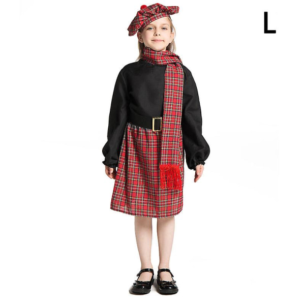 Skotsk kostume til piger sort rød stribet klassisk plaid nederdel sæt skoleuniform cosplay outfit(L）