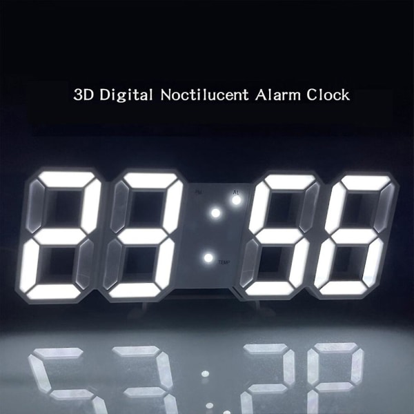 Vit 3d led väggklocka, modern digital väckarklocka med 24 eller 12 timmars display