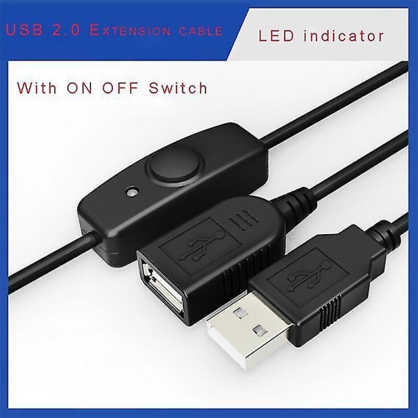 Data Sync USB 2.0-forlængerledning USB-forlængerkabel med ON OFF-kontakt LED-indikator til pc-bærbar computer（sort）