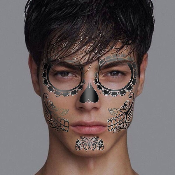 2 stk midlertidige skelet tatoveringer Day Of The Dead forsyninger vandtætte ansigtstatoveringer til Halloween(t-007)