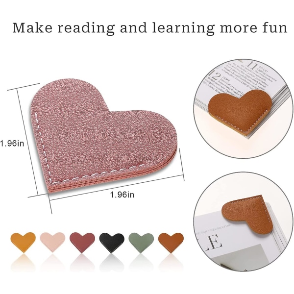 Läderhjärta bokmärke,6 st hörnsida bokmärken för kvinnor, barn, boktillbehör för läsälskare, söt handgjord bokläspresent till bokälskare