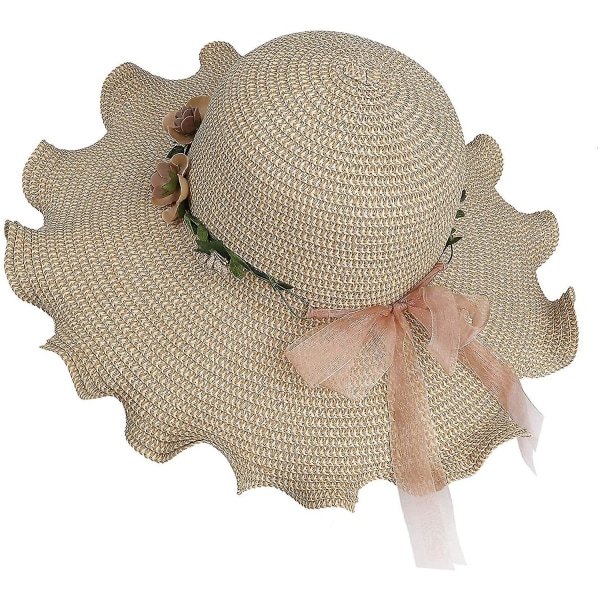 Stråhatt Kvinnor Bred brättad Cap UV-skydd Sommar Vikbar Strand Med Blomdekorati1st-beige