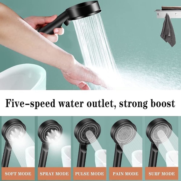 Højtryksbrusehoved, håndbruser, vandbesparende brusehoved, 5 tilstande vandbesparende brusehoved, justerbart brusehoved