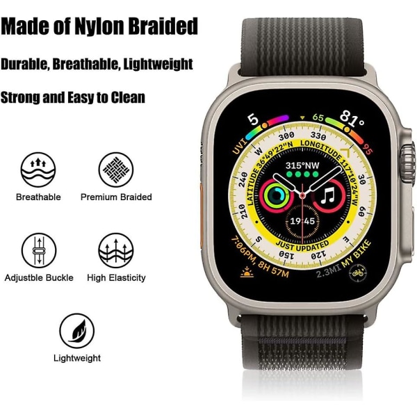 Black Grey Trail Loop Strap kompatibel för Apple Watch Ultra 49/45/44/42mm, Ersättningsrem kompatibel med Iwatch Series 8/7/6/5/4/3/2/1/se