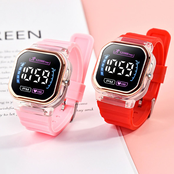 Farfi Electronic Watch Luminous Life Waterproof Square Dial Student Sports Led Digital Wrist Watch For Daily Wear Pink