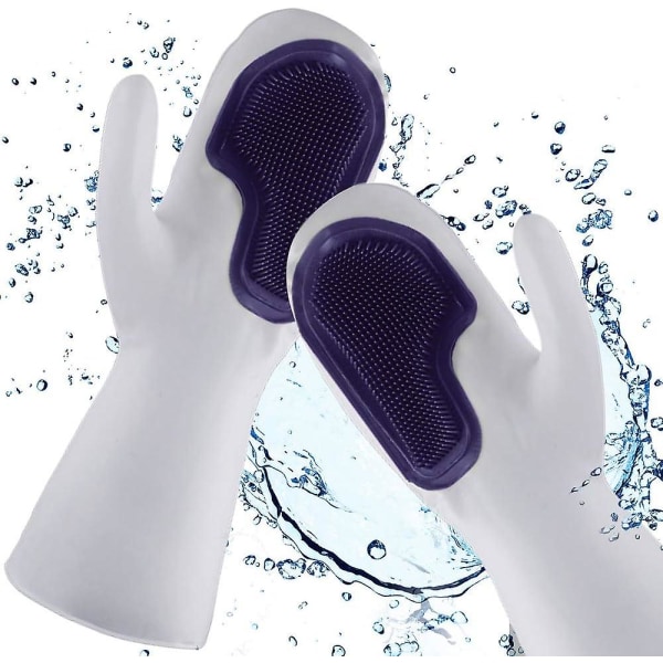 Handsker med skrubber, opvaskehandsker, genanvendelige rengøringshandsker med rengøringsbørste, håndbeskyttelse og varmebestandig, til køkkenbadeværelse (blå