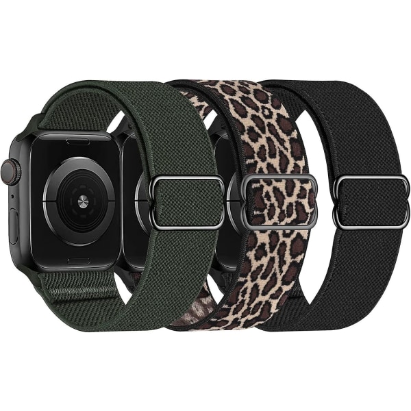 Stretchiga nylon som är kompatibla med Apple Watch 41 mm 40 mm 38 mm, rem för Iwatch Series 7 6 5 4 3 2 1 Se (leopard, svart, klöver) Svart/le