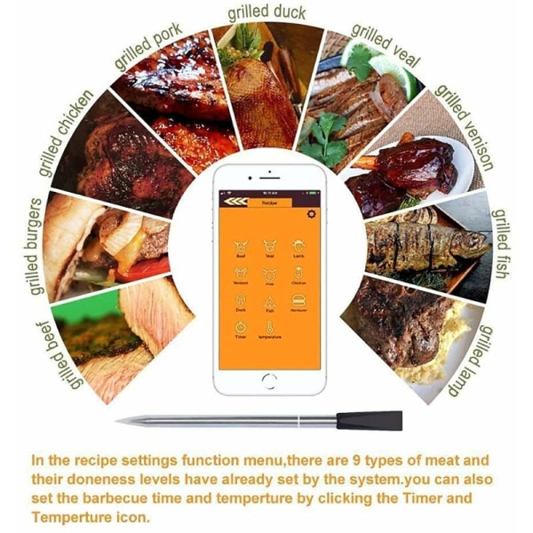MINKUROW 100 % trådlös matlagningssond, ansluten kötttermometer, ugn, temperaturkontroll, lång räckvidd, Wi-Fi/ Bluetooth anslutning, svart