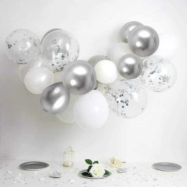 Dww-silverballong, 60 delar konfetti silver heliumballonger, silvervita metallballongballonger för bröllop, födelsedag, baby shower