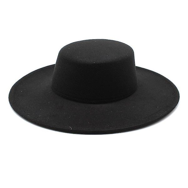2023 Ny fortykket unisex Fedora-hat med 10 cm skygge i uldfilt, flad tophat Bred filthat（M 56-58 cm，sort）