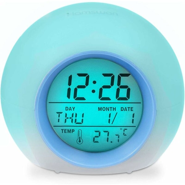 MINKUROW Väckarklocka 7 färger Nattljus Bordslampa Inomhustemperaturdisplay för föräldrar elever (visningskant: ljusblå)