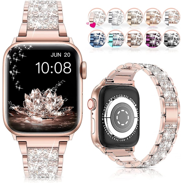 Remsor til Apple Watch 41mm 38mm 40mm Serie 7 Serie 6 5 4 3 2 1 Se, Bling Udskiftningsarmbånd Iwatch Rem, Diamant Rhinestone Rustfrit Stål Metal W