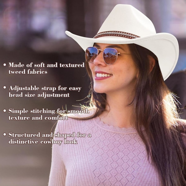 Länsi-Cowboy-hatut muokattavalla leveäreunaisella unisex -länsi-cowboy-hattulla miehille, naisille ja teineille (valkoinen)