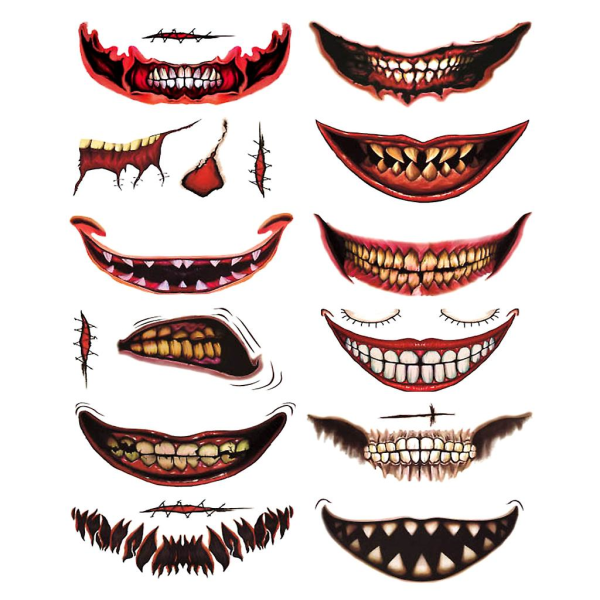 12 st Halloween tillfälliga tatueringar Clown skrämmande mun tatuering klistermärke för fest