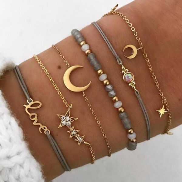 Set med 6 stjärnor och månar Boho Crystal And Gem Armband Pärlarmband Handgjorda armband för kvinnor och flickor