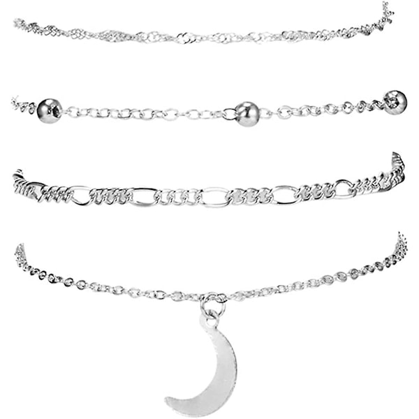 4-pack Sommarstrand Kvinna Måne Charm Anklet Sandaler Barfota Anklet Armband Anklet Silver