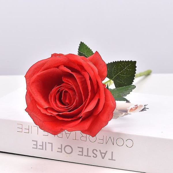 10 st konstgjorda röda rosor Blommor för alla hjärtans dag, realistiska blomrosor, Real Touch Silk Rose, enstaka falska blomma buketter med långa stjälkar