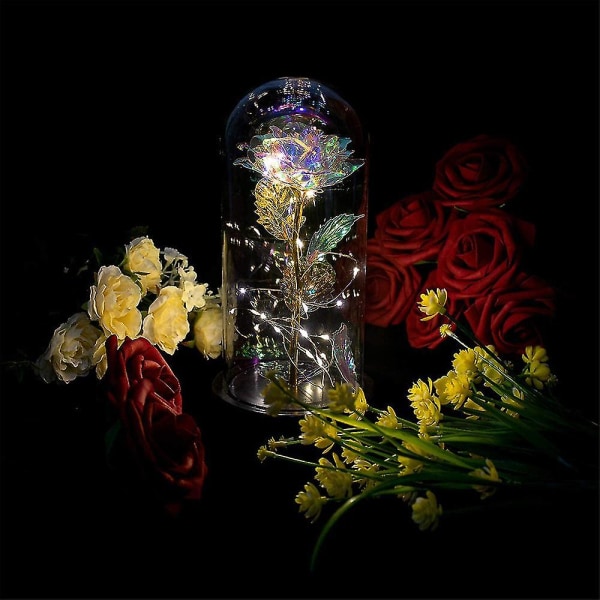 Sunrain Rose Lamp Silk Rose Gold Folie Blad och Led String Light On Glass Dome Träbas, romantisk