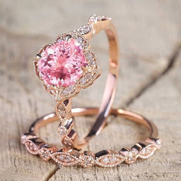Vintage blomster champagne forlovelsesring rosa diamant bryllup band ringsett størrelse 12 ringer for kvinner (rosa 9)（10）