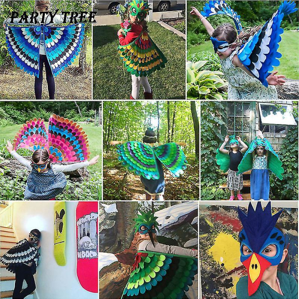 Birds Wings Kostymesett Halloween Peacock Papegøyekappe med filtmaske Fancy Dress Up for barn（W37）