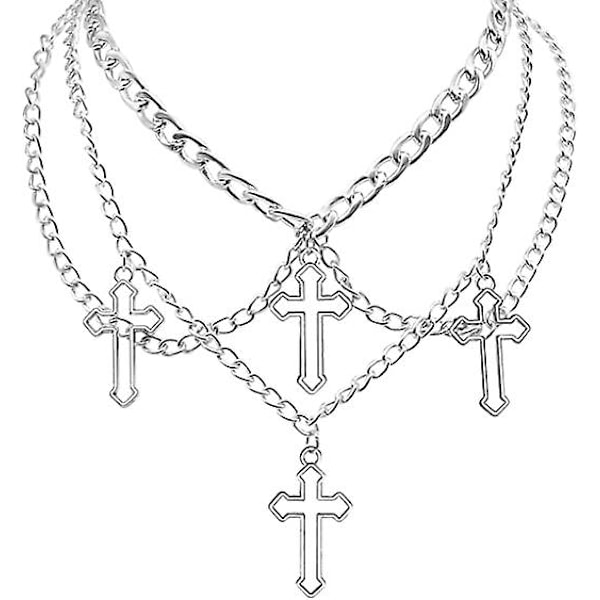 Goth Kors Choker Halsband för Kvinnor Tonårsflickor Gothic Lager Chunky Hänge Halsband Egirl Silverpläterad Lång Flerskiktskedjor 40 Tum