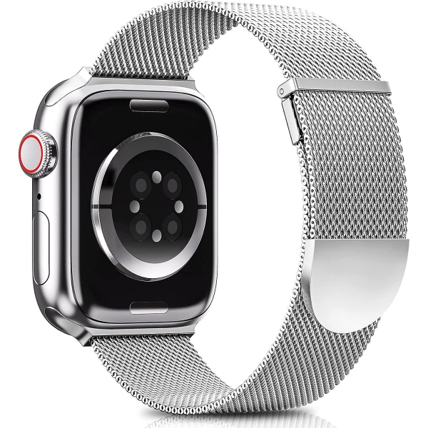 Silverremmar som är kompatibla med Apple Watch rem 42/44/45 mm för kvinnor och män, dubbel magnetisk justerbar rem för Iwatch Series 8 7 Se 6 5 4 3 2 1, Smo