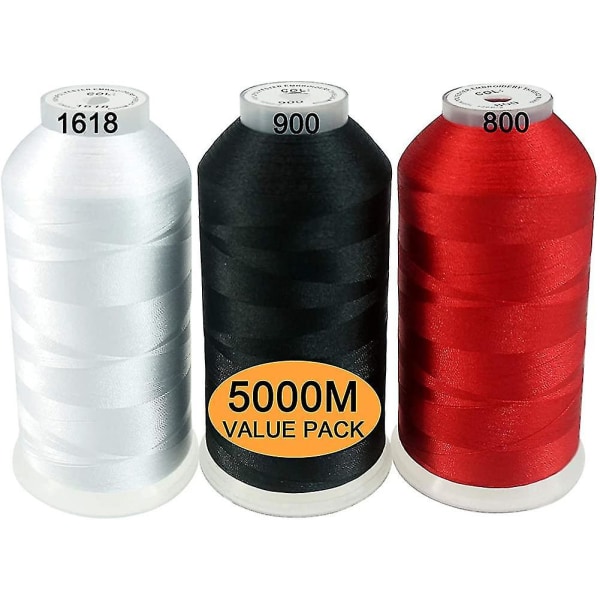 Ny pakke med 3 hvite / svarte / røde farger Polyester broderi maskintråd