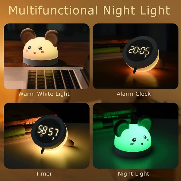 Nattlampa för barn 3-i-1 väckarklocka och nattlampa 7 färger led bärbar mus Silikon sängklocka Justerbar ljusstyrka med fjärrkontroll USB Re