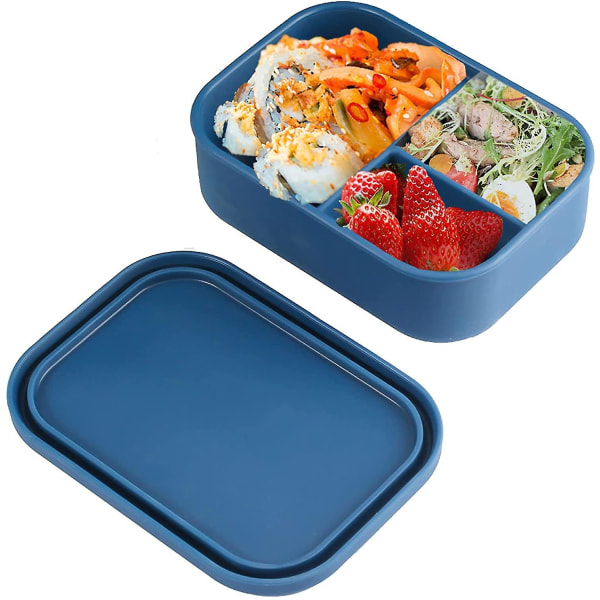 Silikon Bento Lunchbox för vuxna, läckagesäker silikonlunchbehållare med 3 fack, säker i mikrovågsugn, diskmaskin och frys (blå)2 Blå