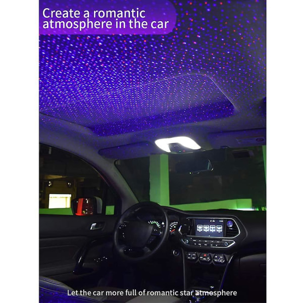 USB nattljus stjärnprojektor, 2 i 1 auto bil led takljus romantisk atmosfär röd/blå/grön bil interiör ljus justerbar USB takstjärnor dekoration