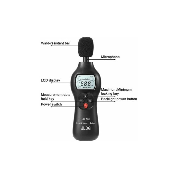 Ljudnivåmätare, 30-130dB digital ljudnivåmätare med max/min/realtidsdatahållningsfunktion, professionell decibelmätare med hög noggrannhet