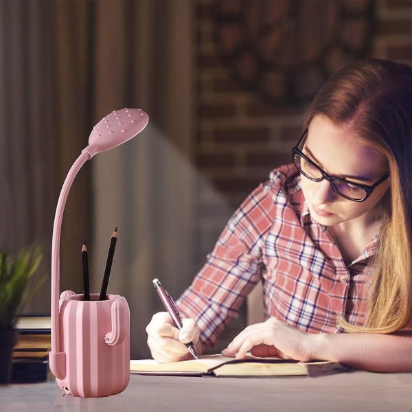 Skrivebordslampe Børnesengslampe med svanehals 3 lysstyrkeniveauer Dæmpbar led bordlampe med berøringskontakt og penneholder Pink