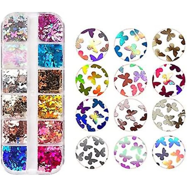 3D Holografisk Sommerfugl Neglekunst Glitter 12 Ruter Skinnende Laser Sommerfugl Neglepaljetter For Akryl Negle Design, Kraftige Paljetter Skinnende Flakes Glitter